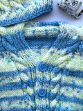 Hand Knitted Newborn Baby Sweater With Cap & Booties Blue