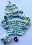 Hand Knitted Newborn Baby Sweater With Cap & Booties Blue