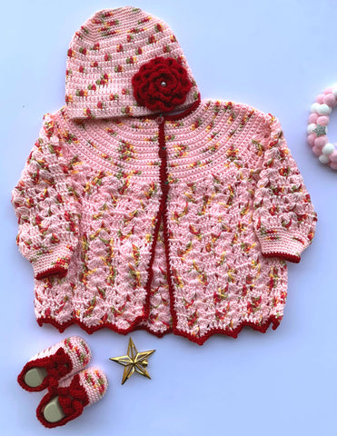 Hand Knitted Baby Cardigan Sweater With Flower Cap & Booties Online @ Best Price in Pakistan