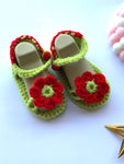 Hand Knitted Green & Red Flower Booties For Newborn Baby Girl Online @ Best Price in Pakistan
