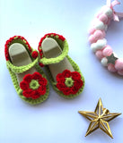 Hand Knitted Green & Red Flower Booties For Newborn Baby Girl Online @ Best Price in Pakistan